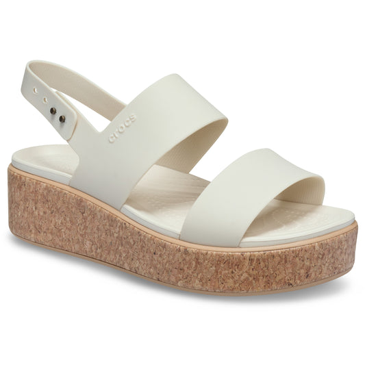 Off-white sandal with two straps and a faux cork sole.