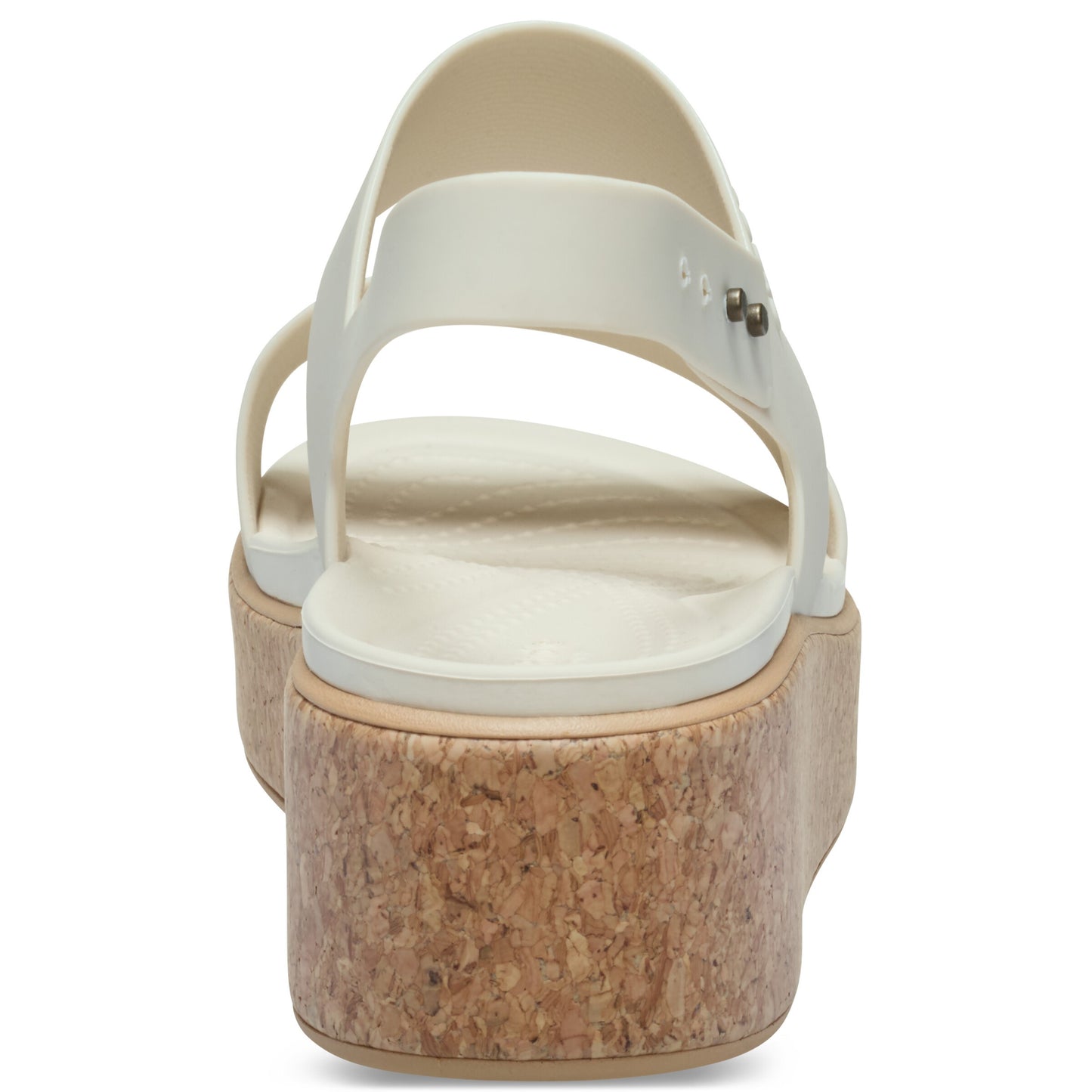 White platform sandal with cork-look sole.