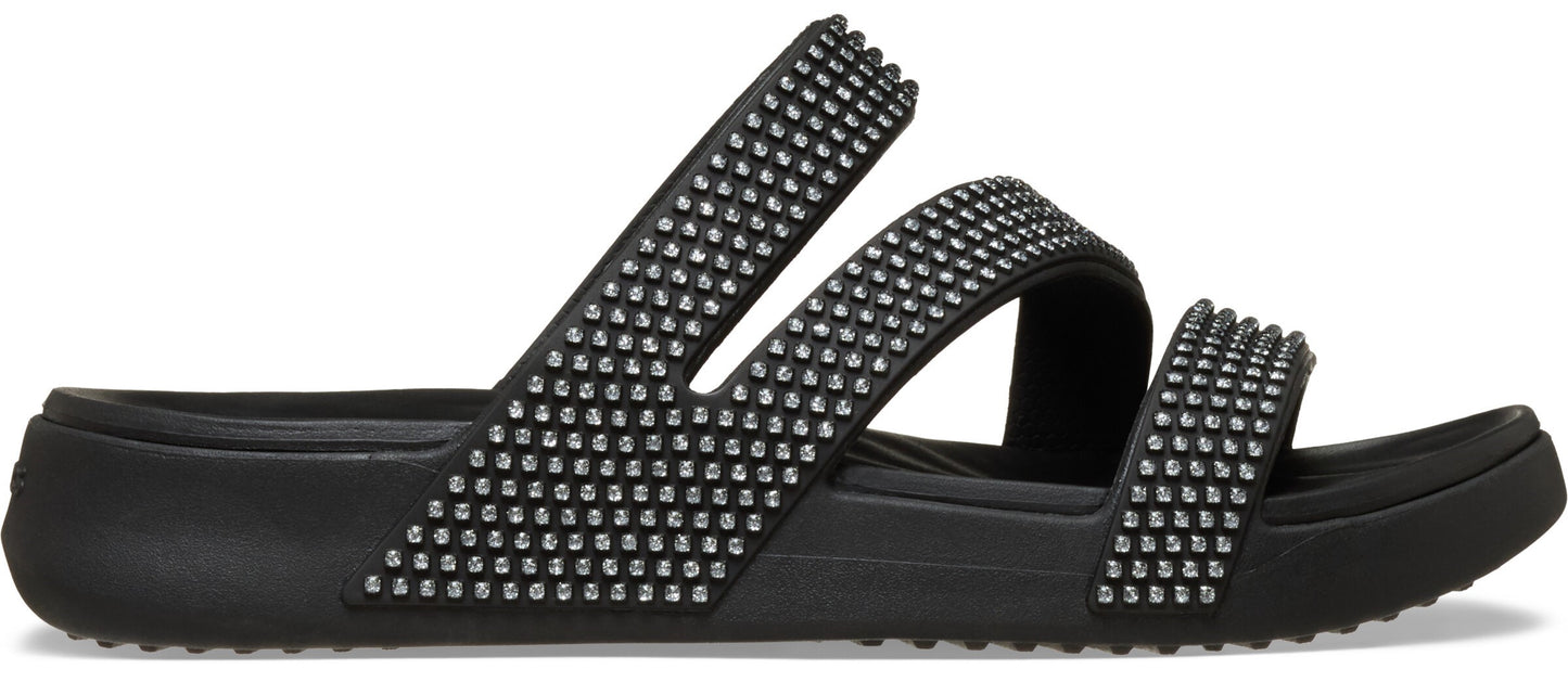 Black slide sandals with studded straps.