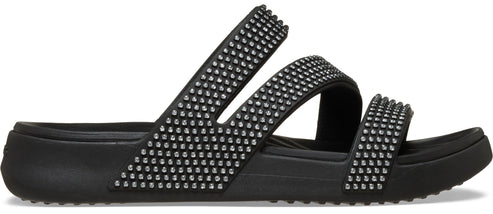 Black slide sandals with studded straps.