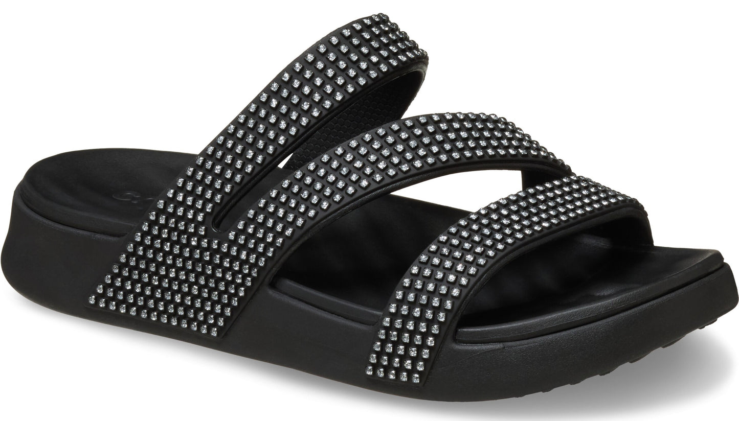 Black slide sandal with three decorative crystal encrusted straps.