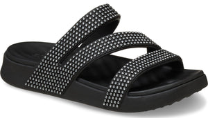 Black slide sandal with three decorative crystal encrusted straps.