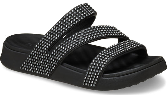 Black slide sandal with three decorative crystal encrusted straps.