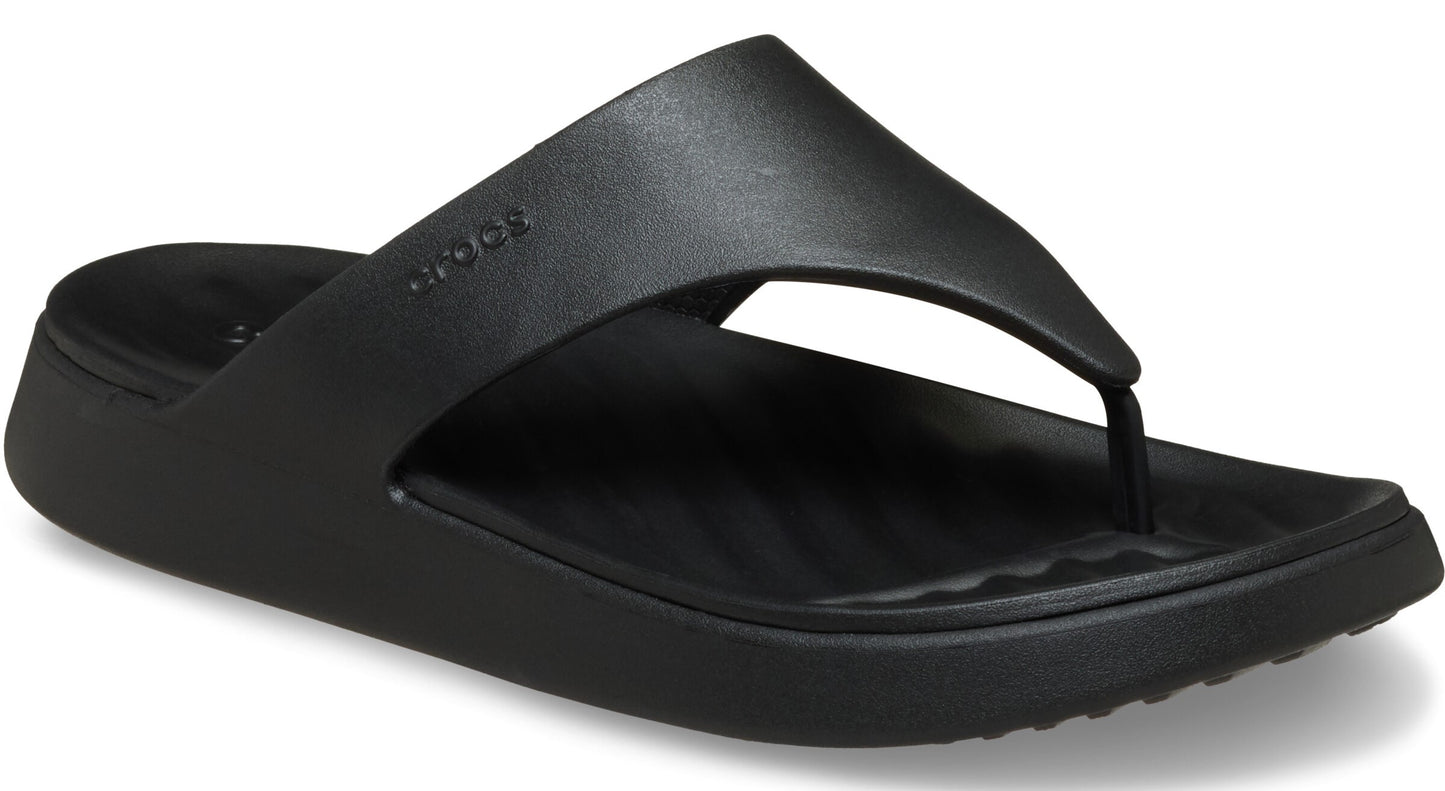 Black flip-flop sandal with a thick sole.