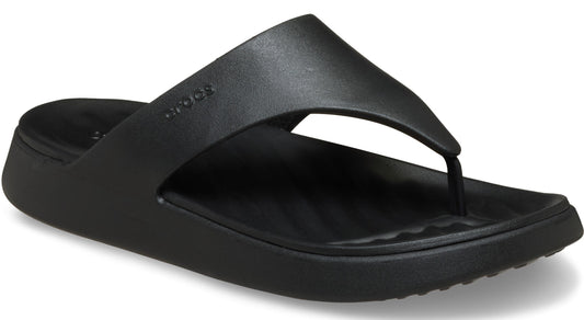 Black flip-flop sandal with a thick sole.