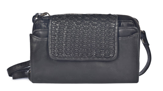 Black leather crossbody bag with woven flap closure.