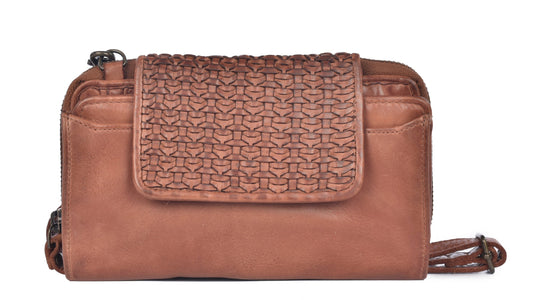 Brown leather wallet with a basketweave flap and a shoulder strap.