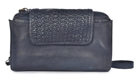 Blue leather crossbody bag with woven flap.