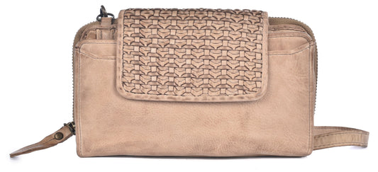 A light tan colored leather wallet with woven pattern flap.