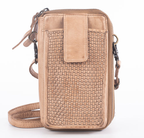 Tan leather crossbody bag with woven panel.