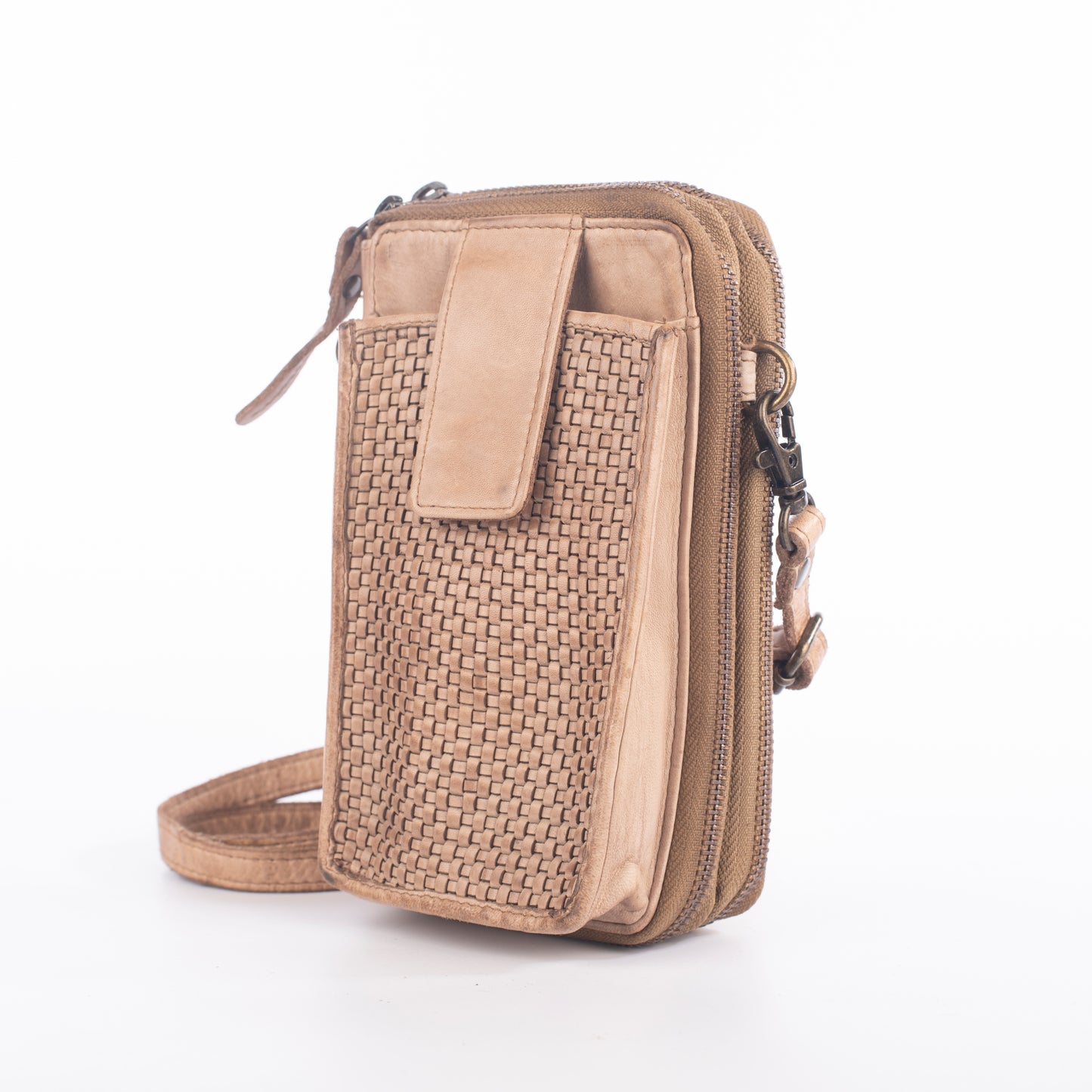 Beige woven texture crossbody wallet with flap and zipper closure.