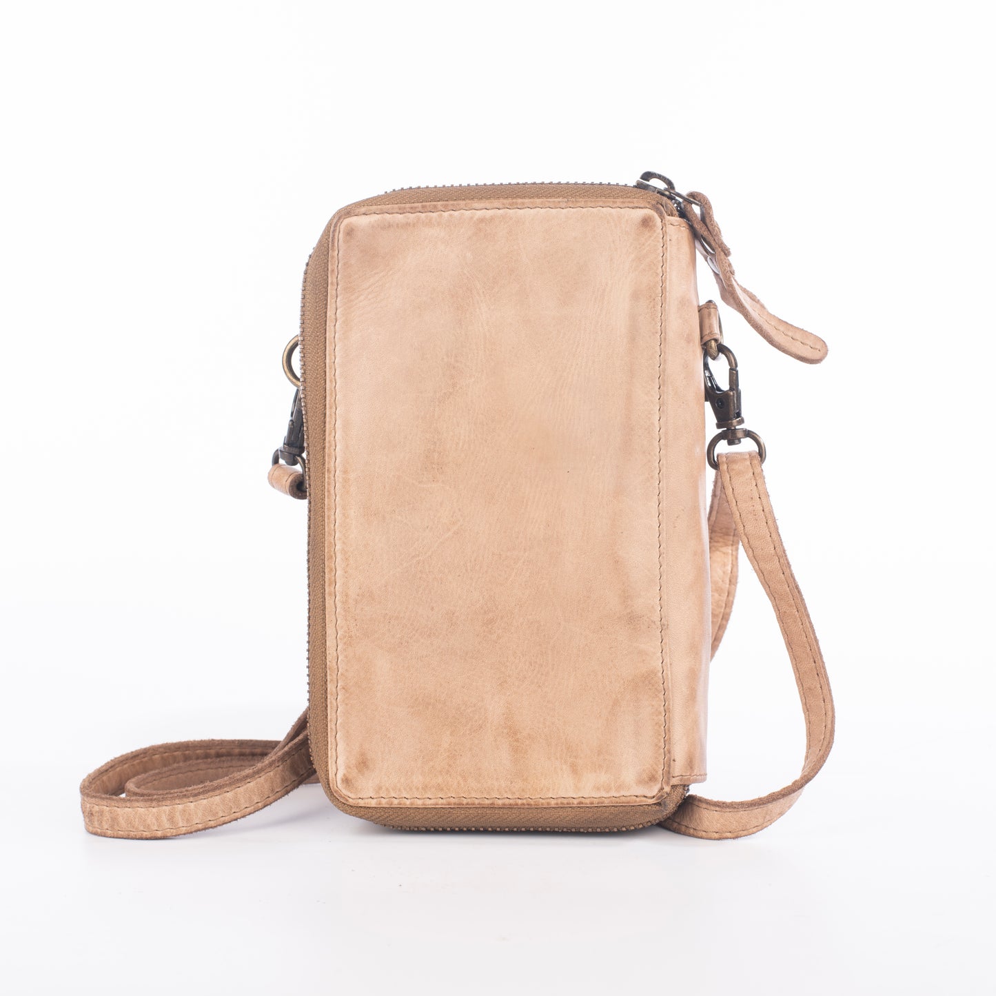 Tan rectangular zippered crossbody bag with strap.