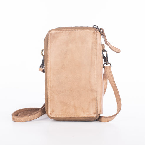 Tan rectangular zippered crossbody bag with strap.