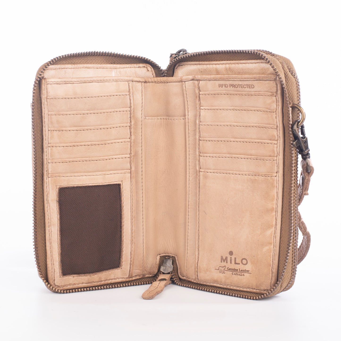 Open tan-colored wallet with several card slots, a zip closure, and a handle with "MILO" logo.