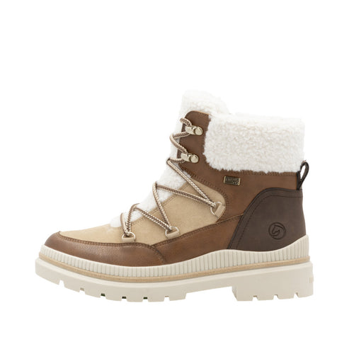 Brown and beige waterproof winter boot with faux shearling cuff and lug sole.