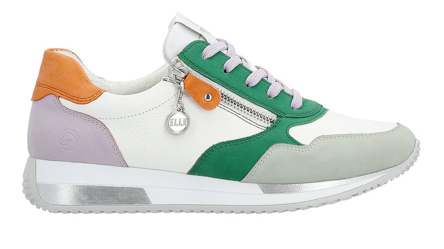 Colorful low-top sneaker with white upper, green and grey accents, side zipper and 'Elle' charm.