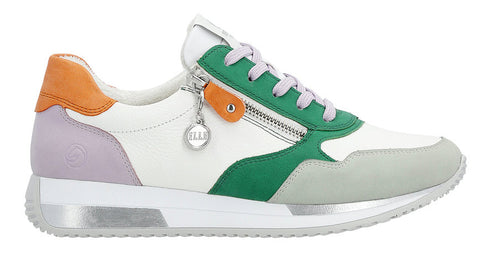 Colorful low-top sneaker with white upper, green and grey accents, side zipper and 'Elle' charm.