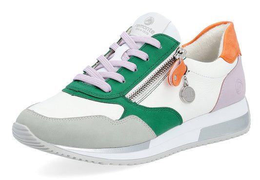 Low-rise athletic shoe with lilac laces, green and white accents, a silver zipper, and a white sole.