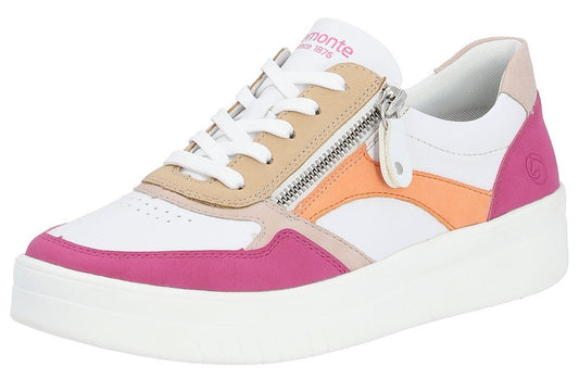 A white sneaker with a thick white sole, and featuring pink, tan, and orange accents and a side zipper.