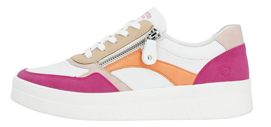 Side view of a white sneaker with pink, orange, and beige accents, with a zipper detail.