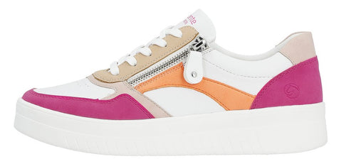 Side view of a white sneaker with pink, orange, and beige accents, with a zipper detail.