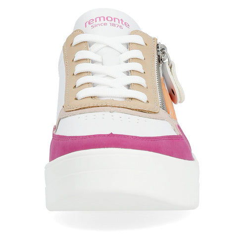 White sneaker with pink toe and side zipper. The shoe has "remonte since 1876" printed on the tongue.