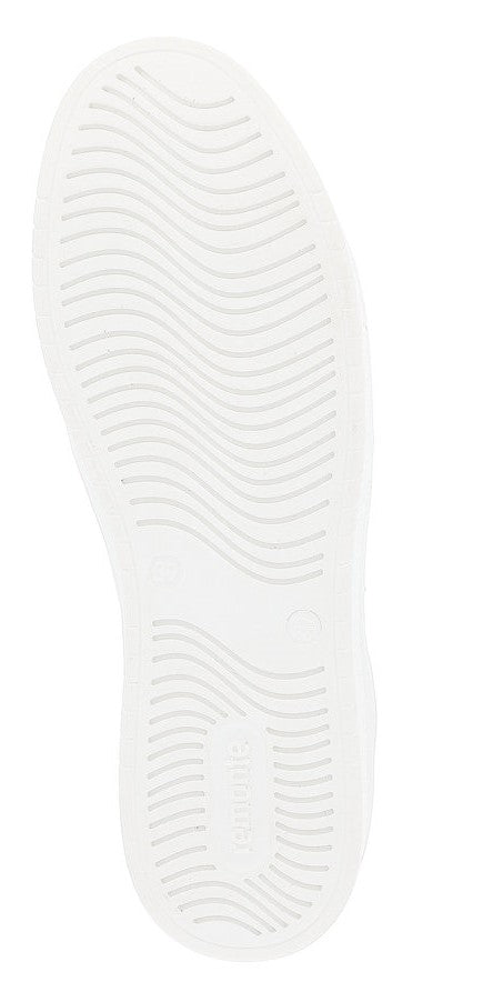 A white shoe sole with wavy traction lines.