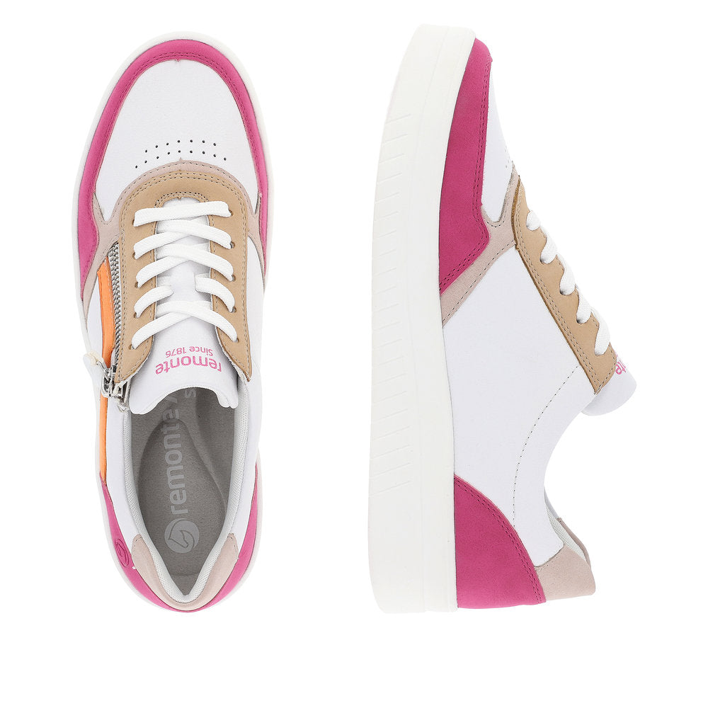 Top and side view of a low-top white sneaker with pink and tan accents, white laces, and visible side zipper.