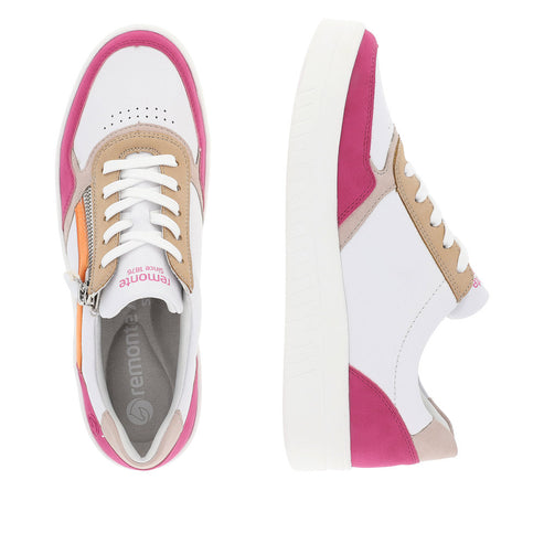 Top and side view of a low-top white sneaker with pink and tan accents, white laces, and visible side zipper.
