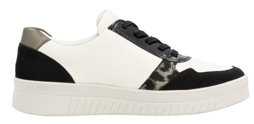 A white sneaker with a black heel and black laces, and leopard print accents.