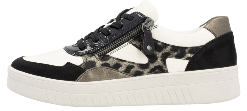A low-top platform sneaker in black and white with leopard print and side zipper.