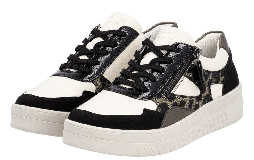A pair of platform sneakers with black laces, white toe and a cheetah print with a zipper.
