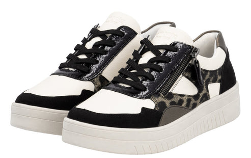 A pair of platform sneakers with black laces, white toe and a cheetah print with a zipper.