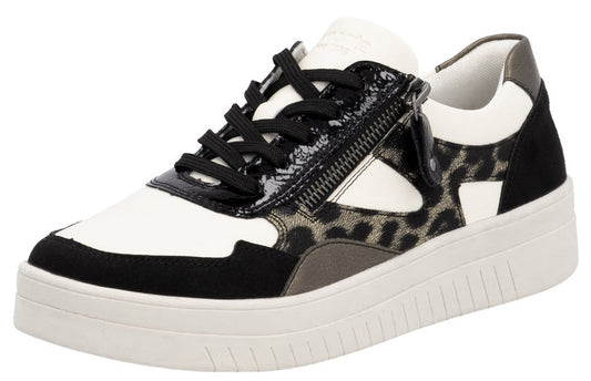 Low-top sneaker with white, black, and gray leopard print panels, black laces, and a zipper along the side.