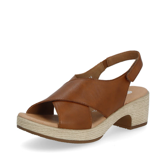 Tan leather sandal with crisscross straps and a chunky heel.