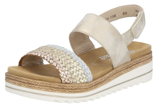 Platform sandal with woven toe strap and velcro ankle strap.