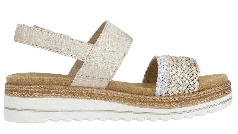Platform sandal with metallic straps, jute trim, and white sole.