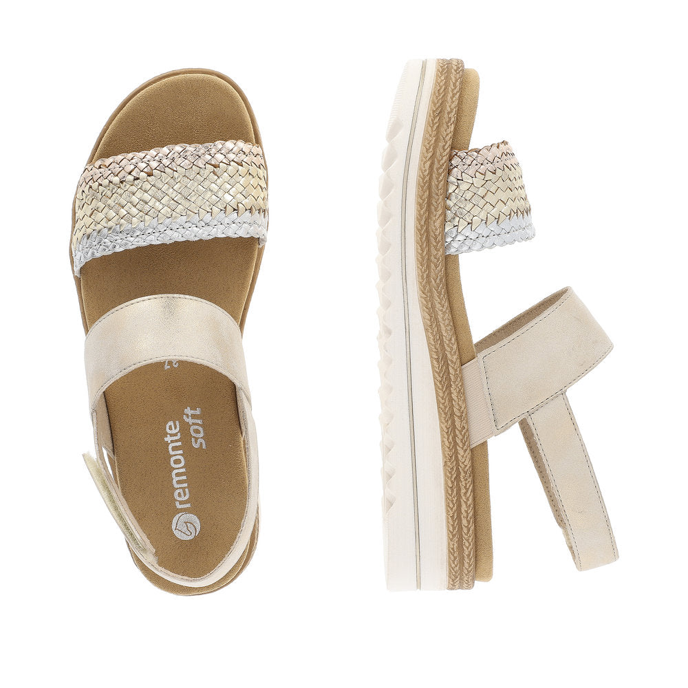 Two gold women's sandals: one has a woven strap, the other has a thin beige strap with Velcro fastener; "remonte soft" text is visible on the insole of the left sandal.