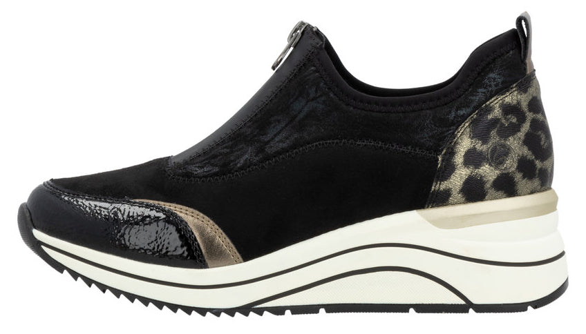 Black slip-on sneaker with a zip, patent leather trim, and a leopard print heel.