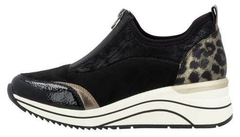 Black slip-on sneaker with a zip, patent leather trim, and a leopard print heel.