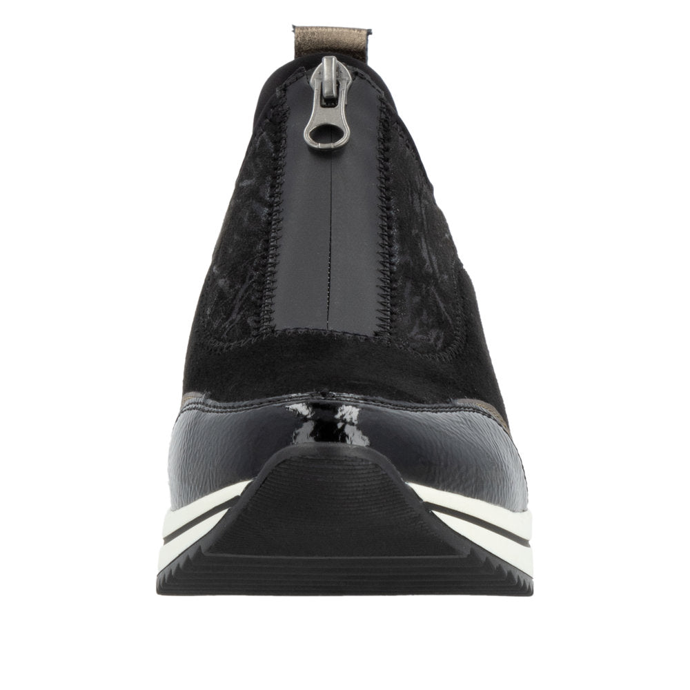 Front view of a black sneaker with a zipper on the heel.
