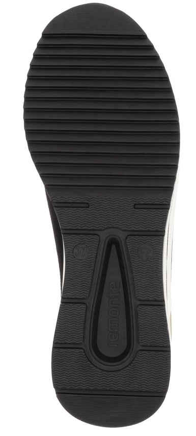 Black shoe sole with deep ridges and indented heel.
