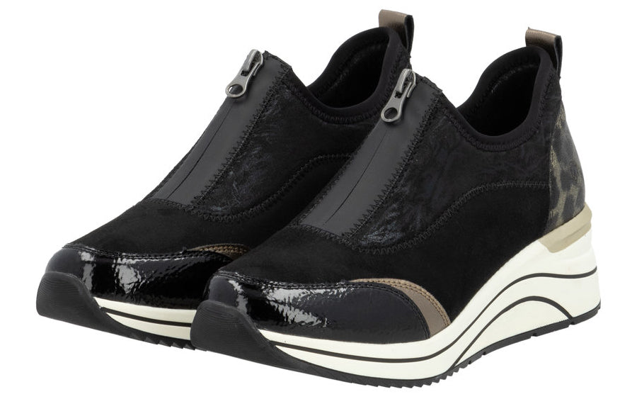 Pair of black platform sneakers with front zipper.