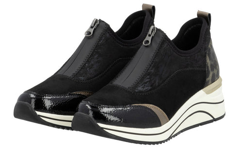 Pair of black platform sneakers with front zipper.