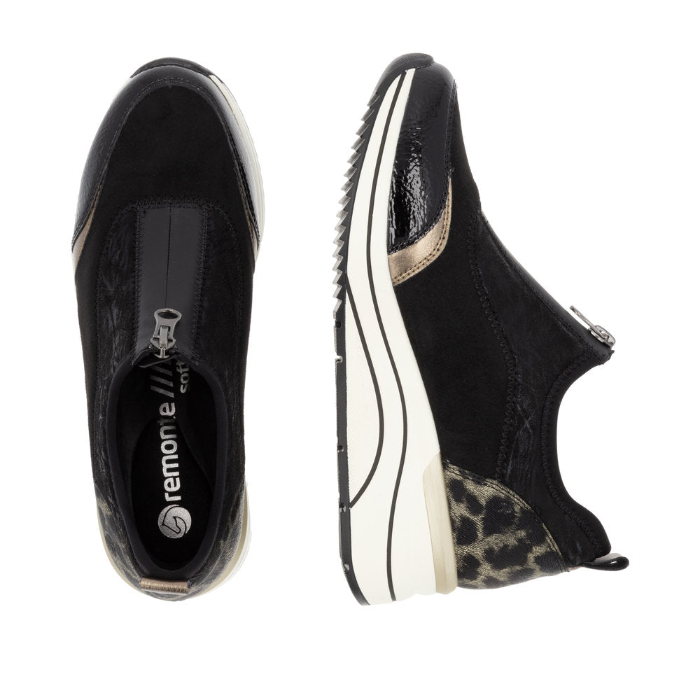 Pair of black slip-on athletic shoes; one shown from top, the other from side; zipper on top; side is shiny with silver accent; leopard print heel.
