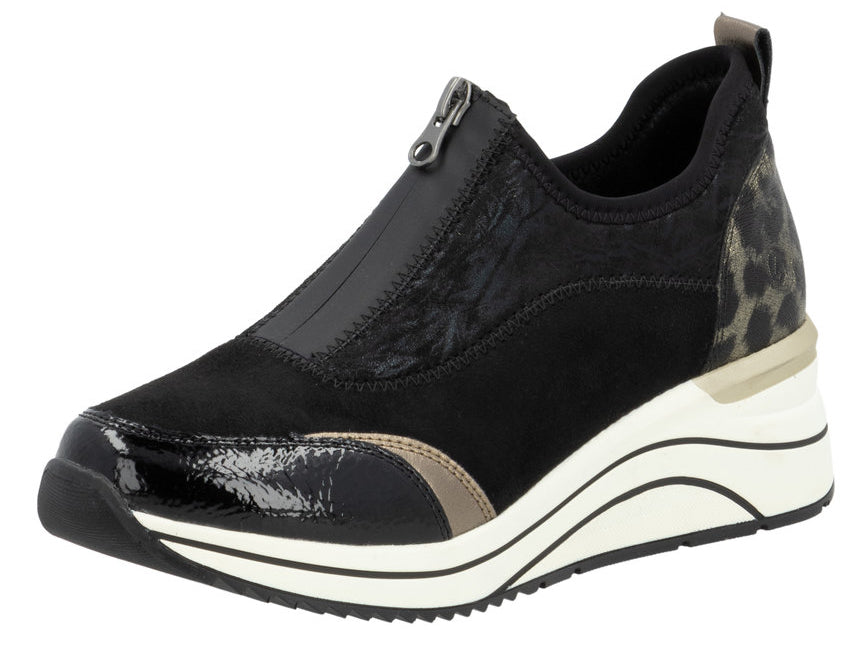 Black slip-on wedge sneaker with zipper detail and leopard print accent.