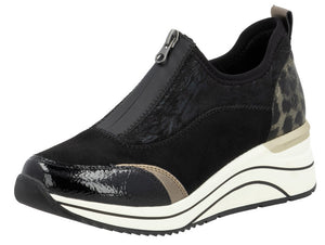 Black slip-on wedge sneaker with zipper detail and leopard print accent.