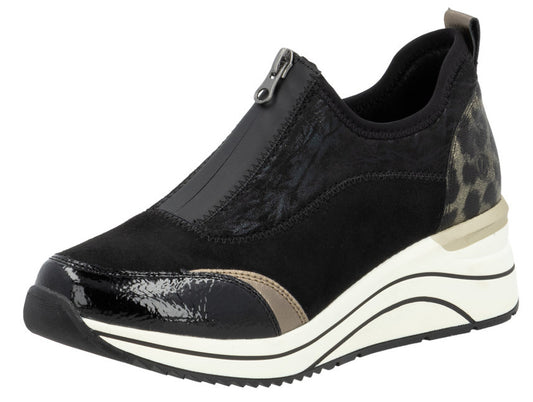 Black slip-on wedge sneaker with zipper detail and leopard print accent.