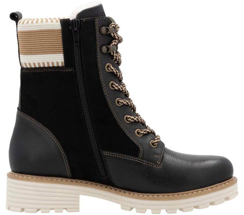 Black lace-up combat boot with side zipper and tan striped knit cuff.