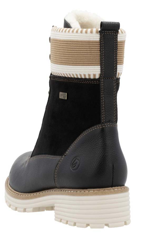 Black leather boot with knit ankle, lug sole, and pull tab.